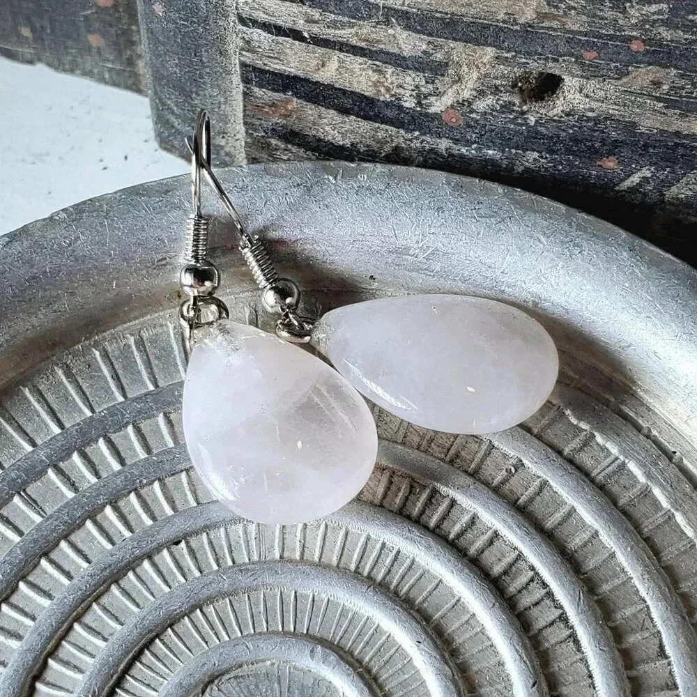 Rose Quartz Puffed Teardrop Handcrafted Pink Silver Gemstone Dangle Earrings